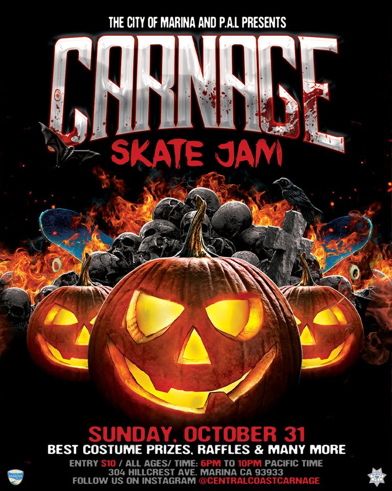 Flyer showing information about Skate Jam Halloween event in Marina, CA