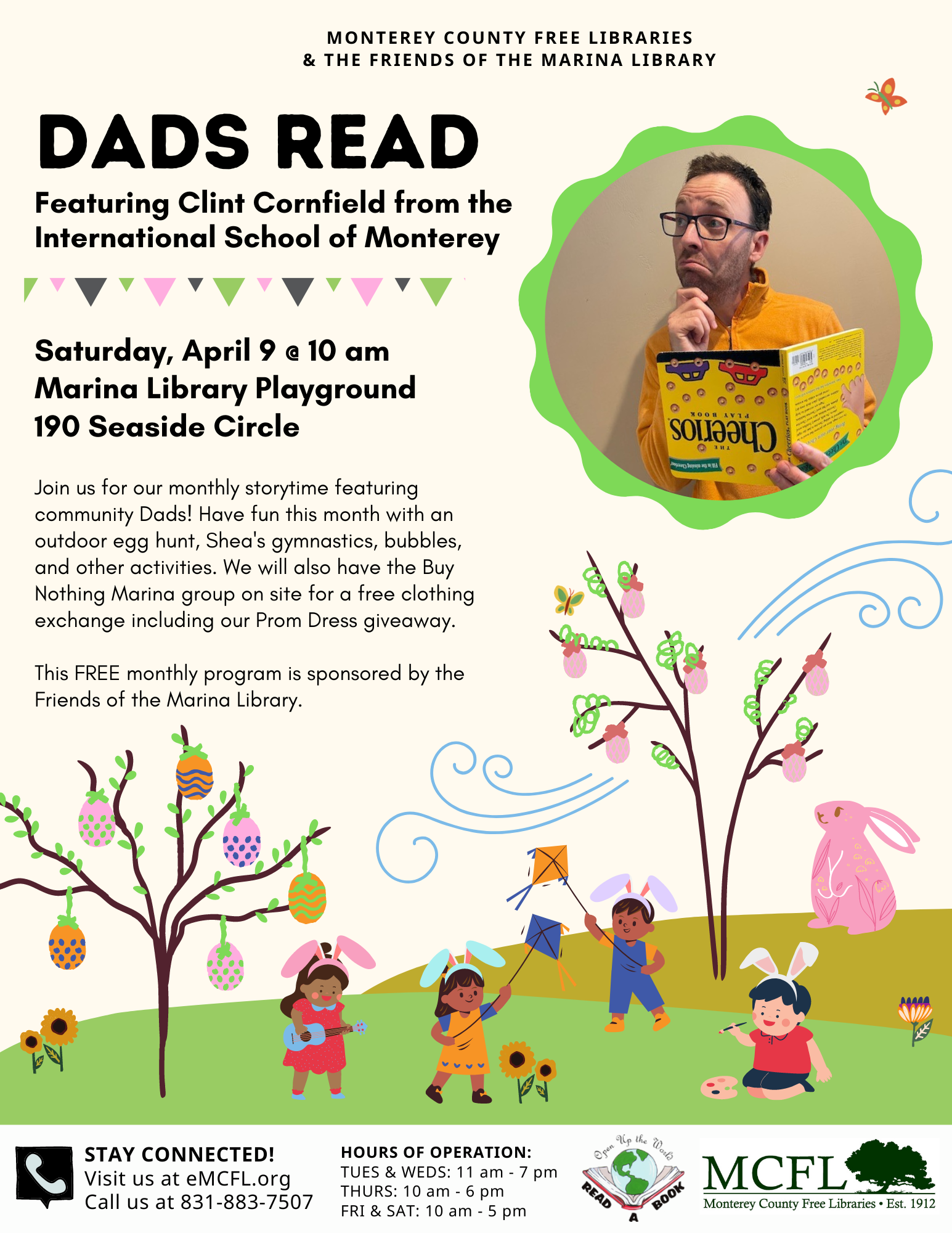 A dad reads, of course!  Plus, Easter Bunny, Easter Egg Hunt, Shea's Mobile gymnastics, legos, Thomas the Tank Engine, Toy Kitchen, Clothing Exchange, and a Prom Dress Giveaway